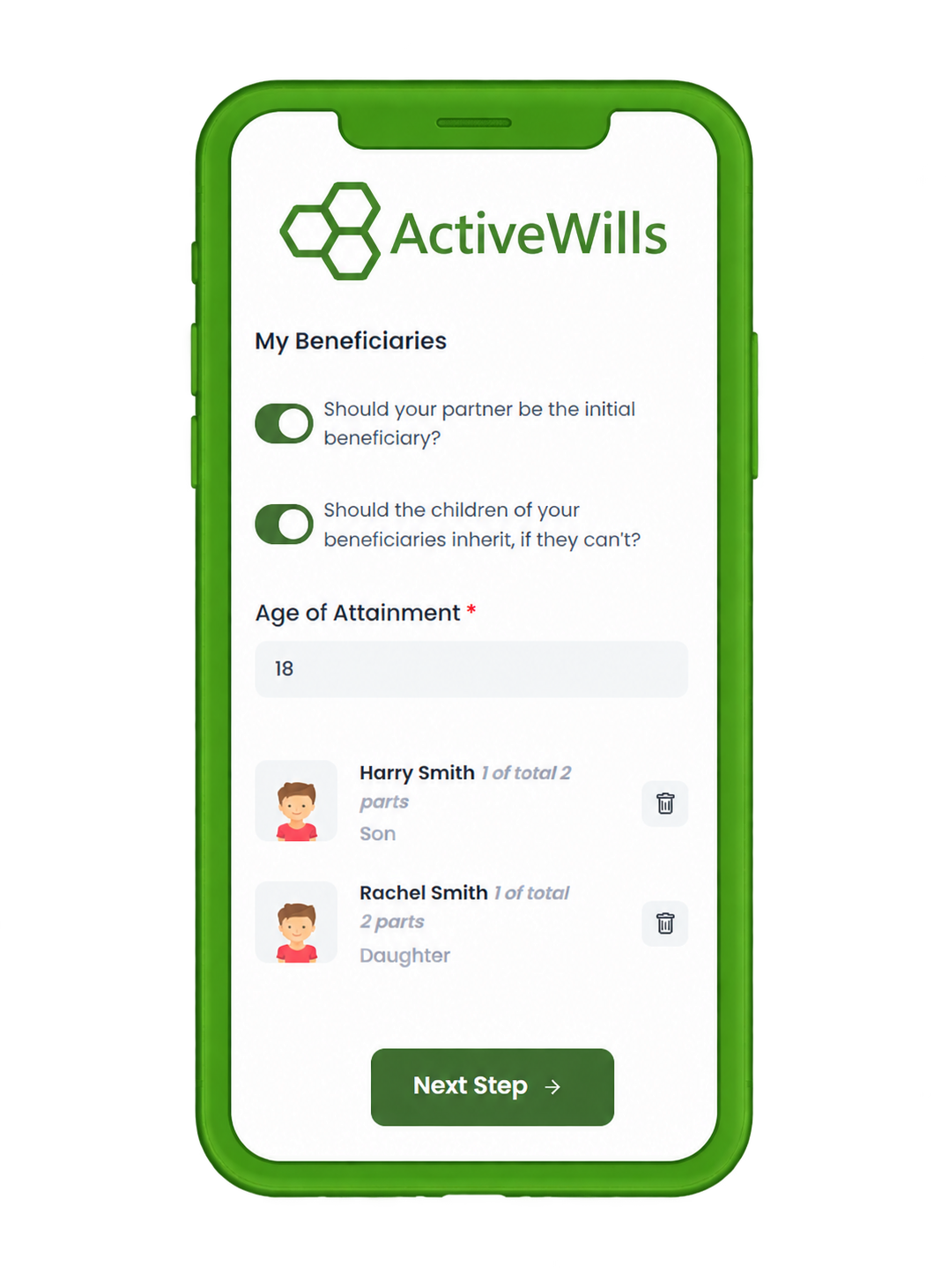 ActiveWills on iPhone, showing the beneficiaries form
