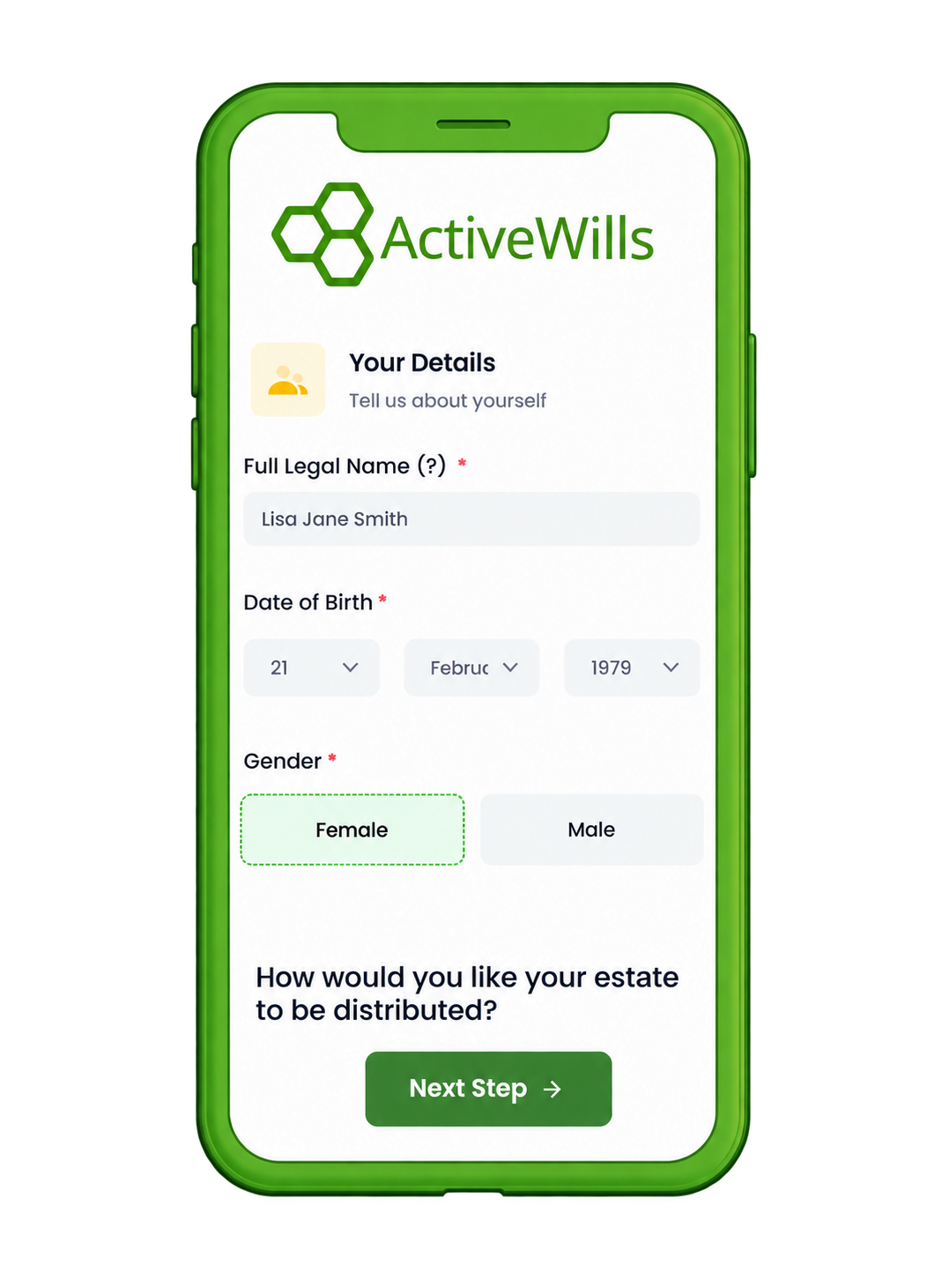 ActiveWills on iPhone, showing the personal details form